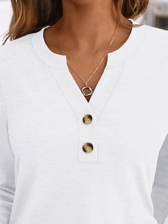 AUTOMET Tops - Women's Cream Long Sleeve Notch-Neck Henley with Button Placket